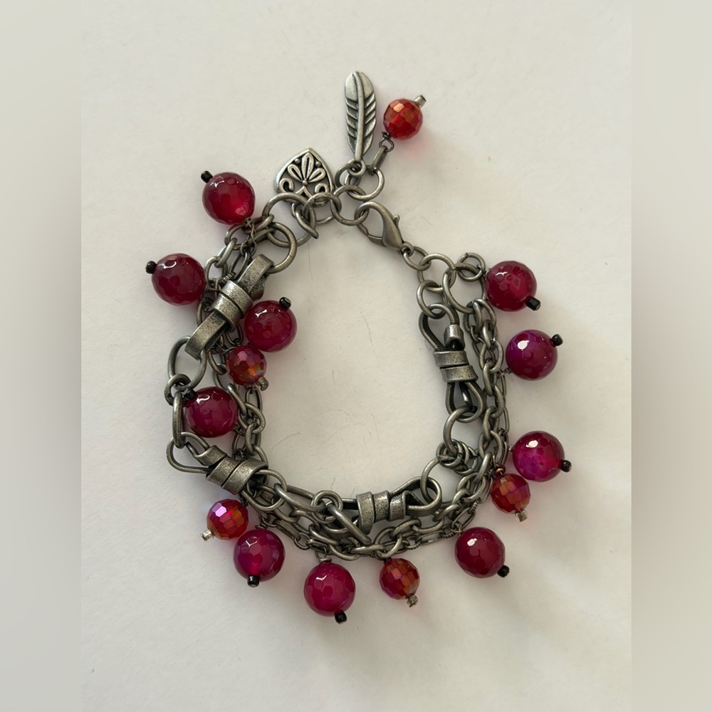 Ruby Red Beaded Multi-Strand Charm Bracelet | Boho Silver Tone Layered Bracelet